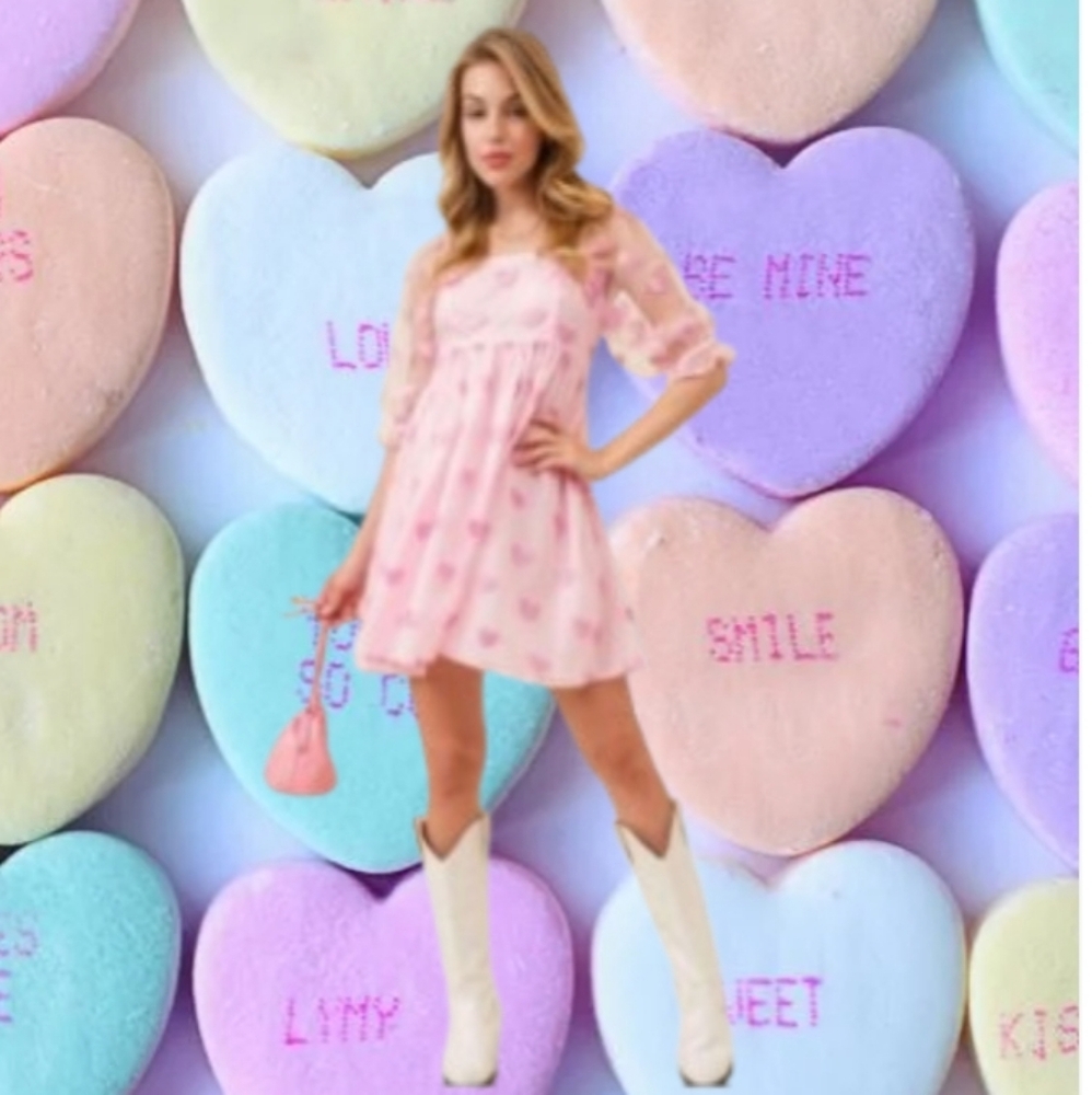 Pink Heart Dress with Sheer Sleeves